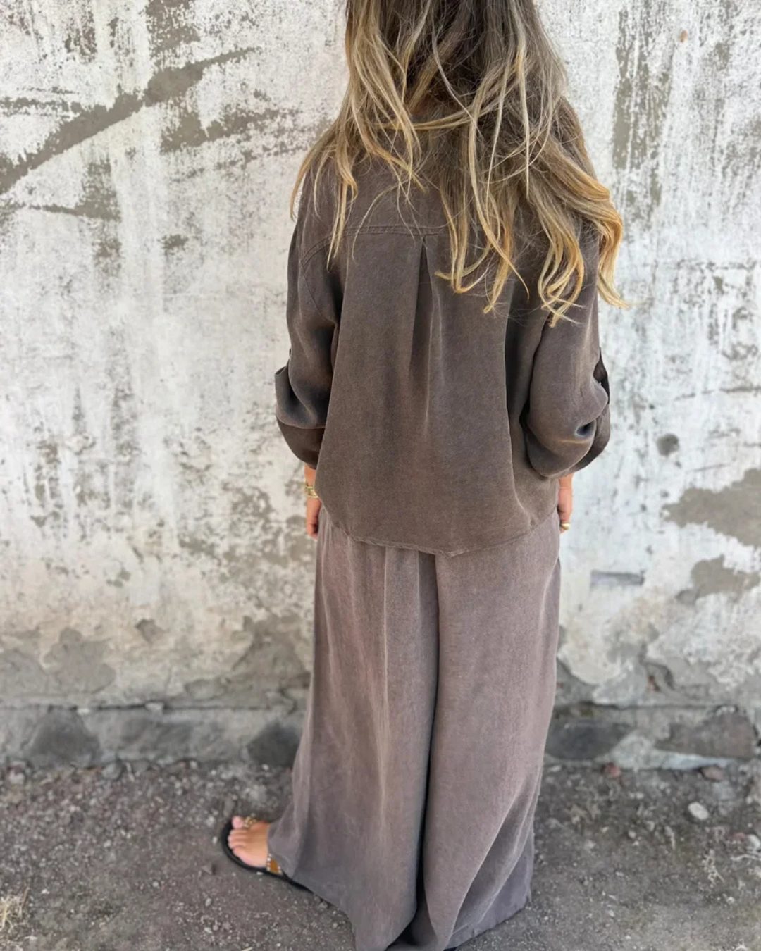 Conjunto de 2 Piezas con Mono Largo de Pierna Ancha para Mujer con Camisa de Botones y Lazo Frontal®