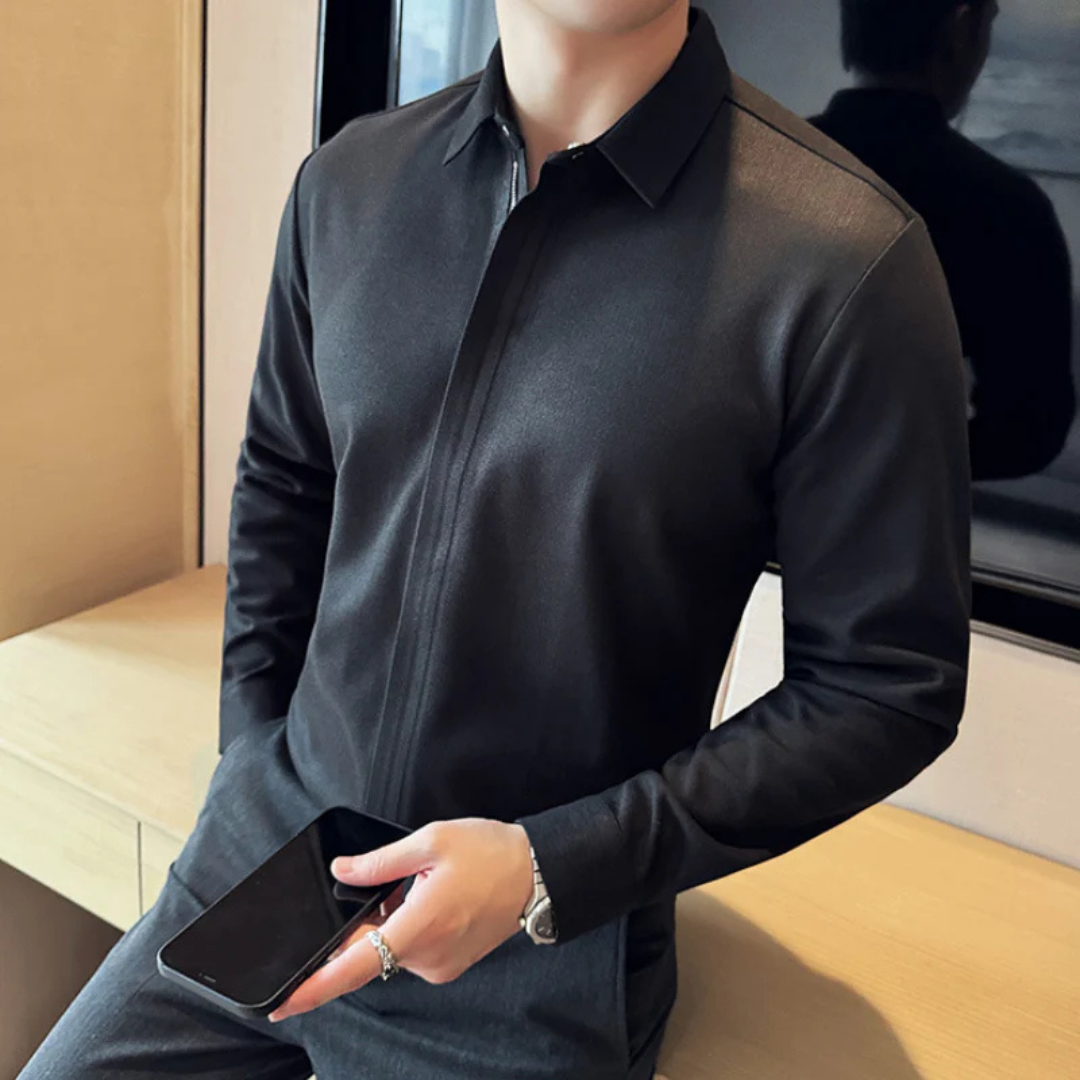 Camisa de Solapa de Color liso para Hombre con Cierre de Cremallera®