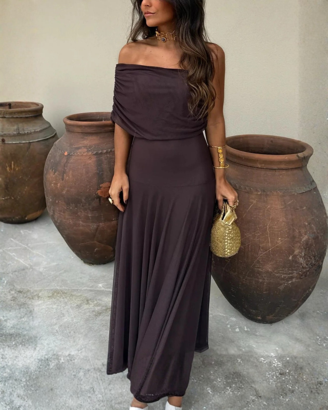 Vestido de Longitud en Malla con Diseño de Hombro Descubierto Para Mujer