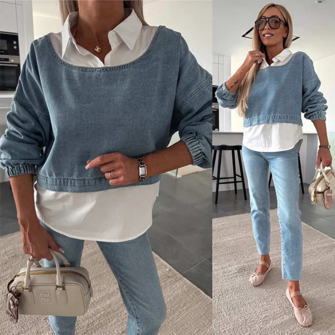 Conjunto de dos piezas de camisa manga larga y pantalón jeans para mujer