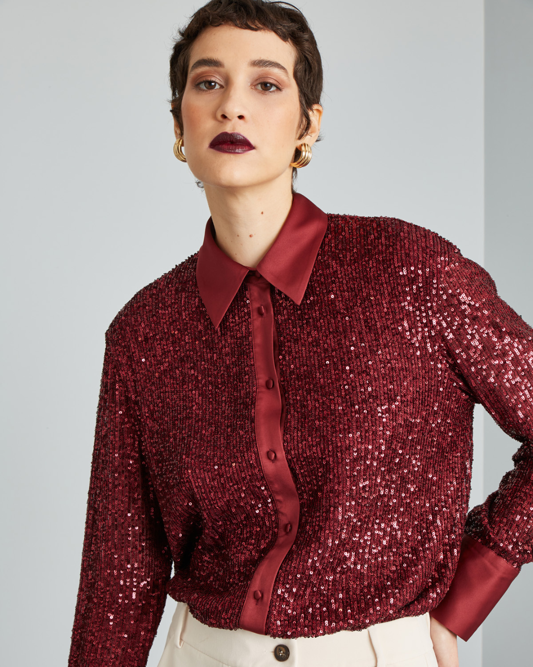 Camisa de Fiesta con Cuello y Lentejuelas de Purpurina para Mujer