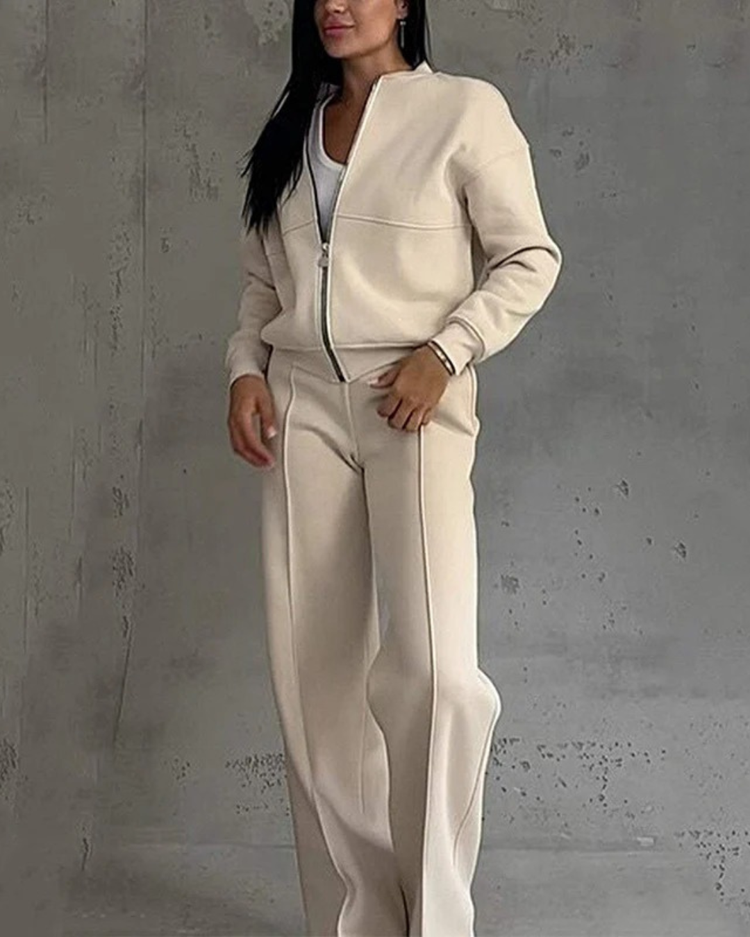 Conjunto de Chaqueta con Cremallera y Pantalón de Pierna Ancha para Mujer