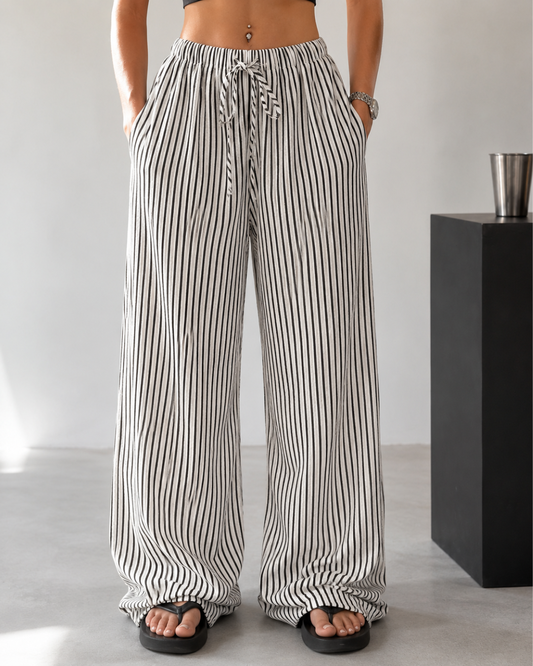 Pantalón Palazzo de Rayas con Cintura Ajustable