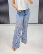 Pantalón de jean para mujer con encaje floral en las piernas®