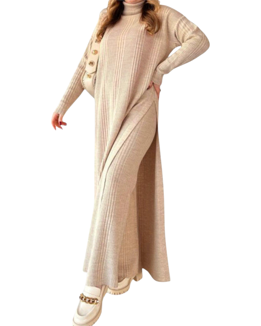 Conjunto de Punto Elegante con Suéter y Pantalón de Pierna Ancha