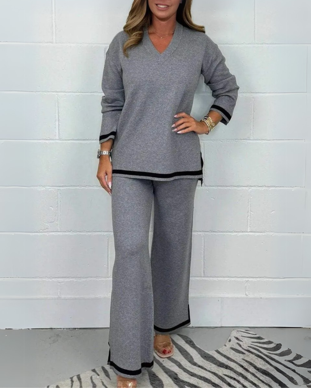 Conjunto de Pantalón de Punto Suave con Cuello en V para Mujer®