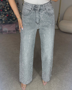 Pantalón estilo Vaqueros de Pierna Ancha con Diamante para Mujer®
