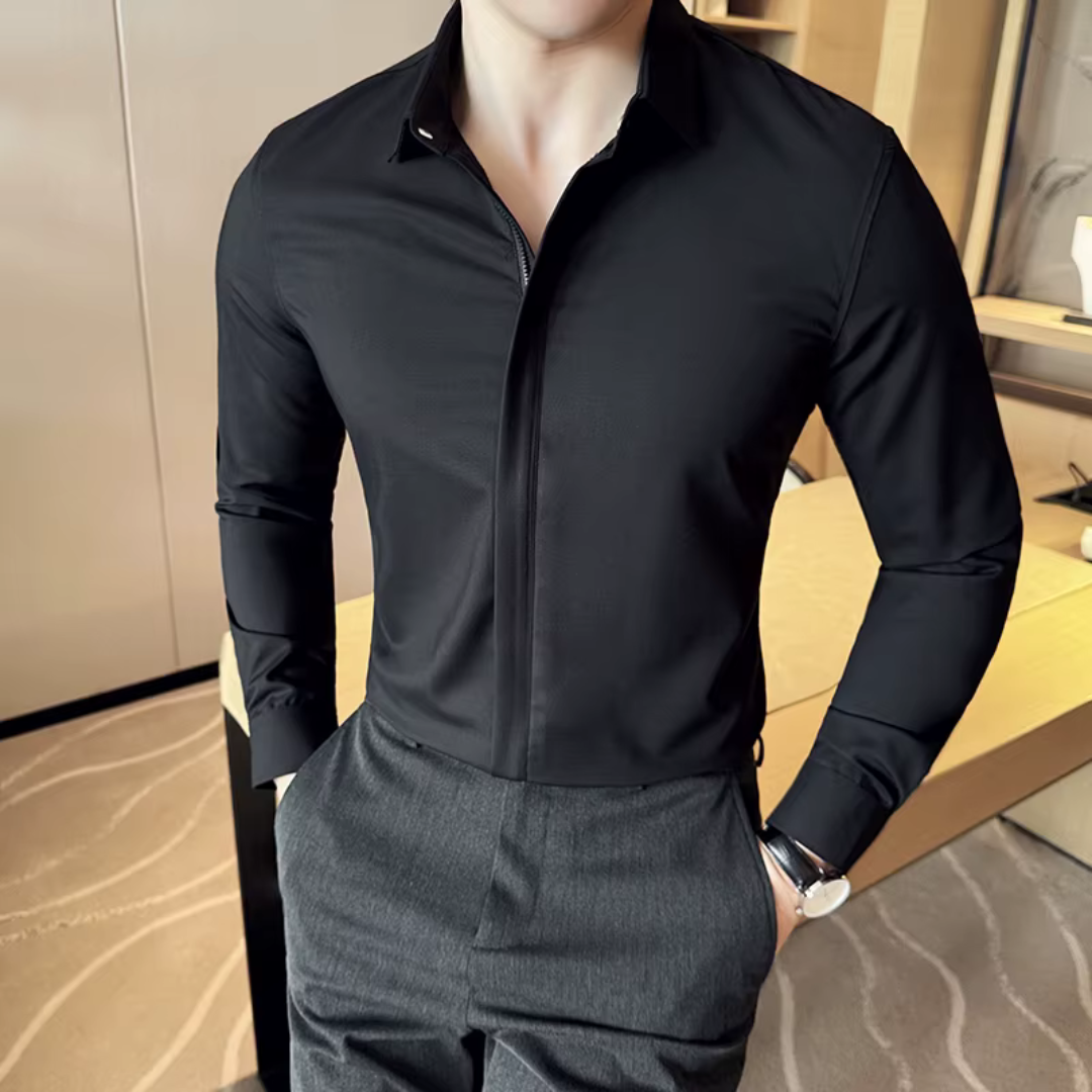 Camisa de Solapa de Color liso para Hombre con Cierre de Cremallera®