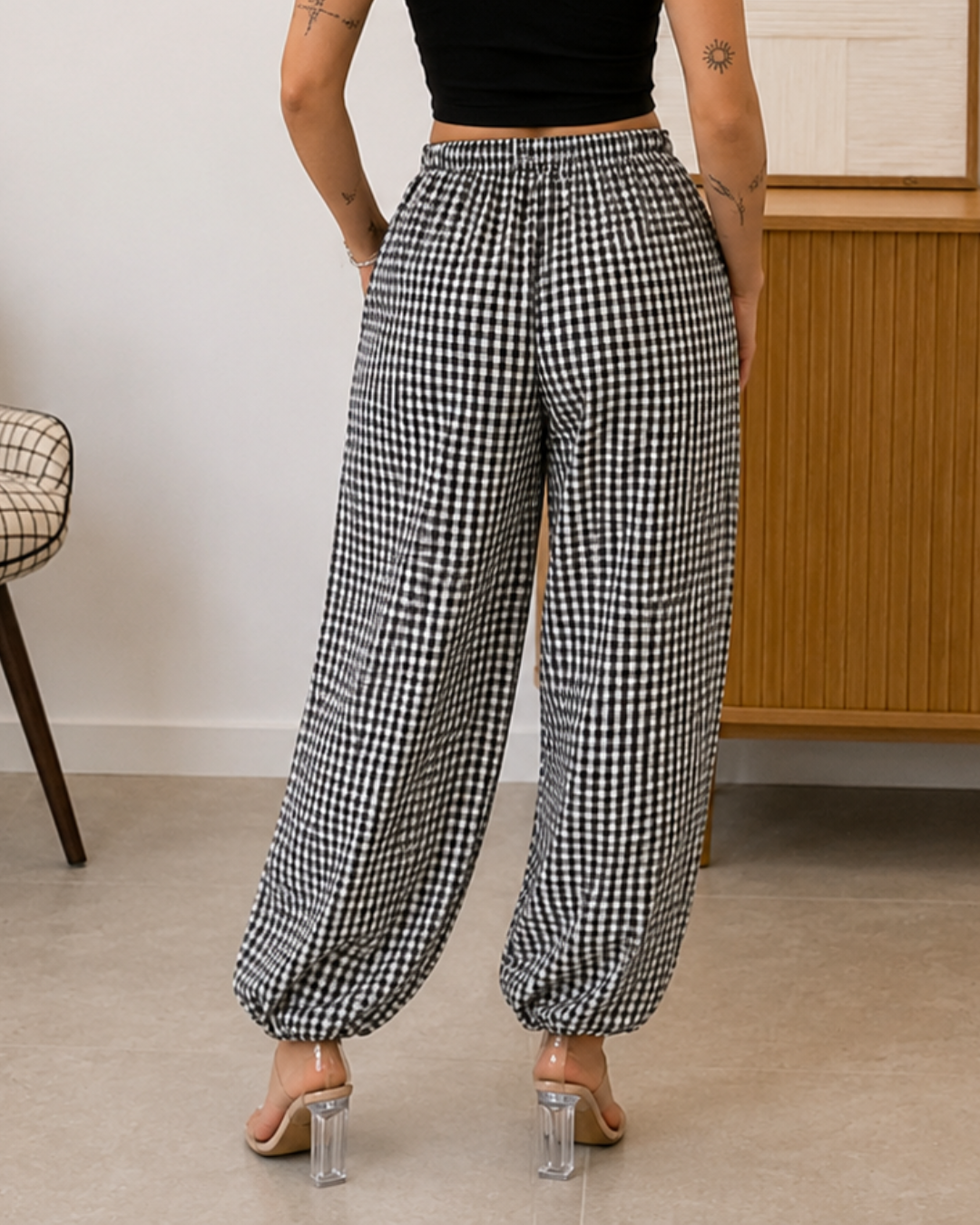 Pantalón Bombacho de Cuadros con Cintura Ajustable