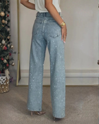 Pantalón de Corte Recto y Cintura Alta con Detalles Brillantes para Mujer