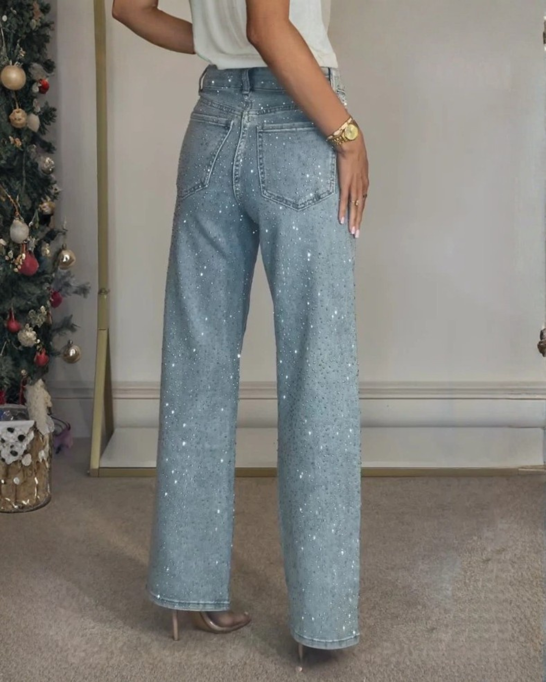 Pantalón de Corte Recto y Cintura Alta con Detalles Brillantes para Mujer