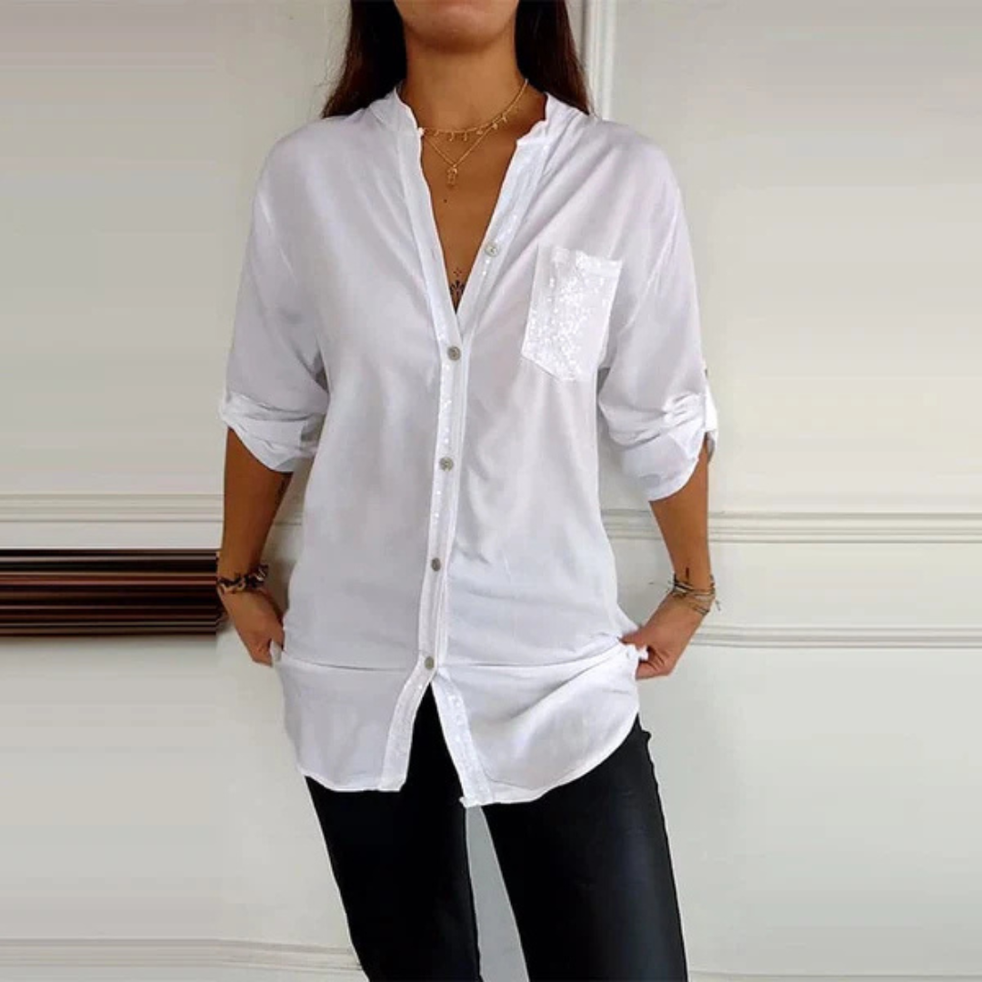 Camisa Casual de Manga Larga para Mujer con Bolsillo y Detalles de Lentejuelas®