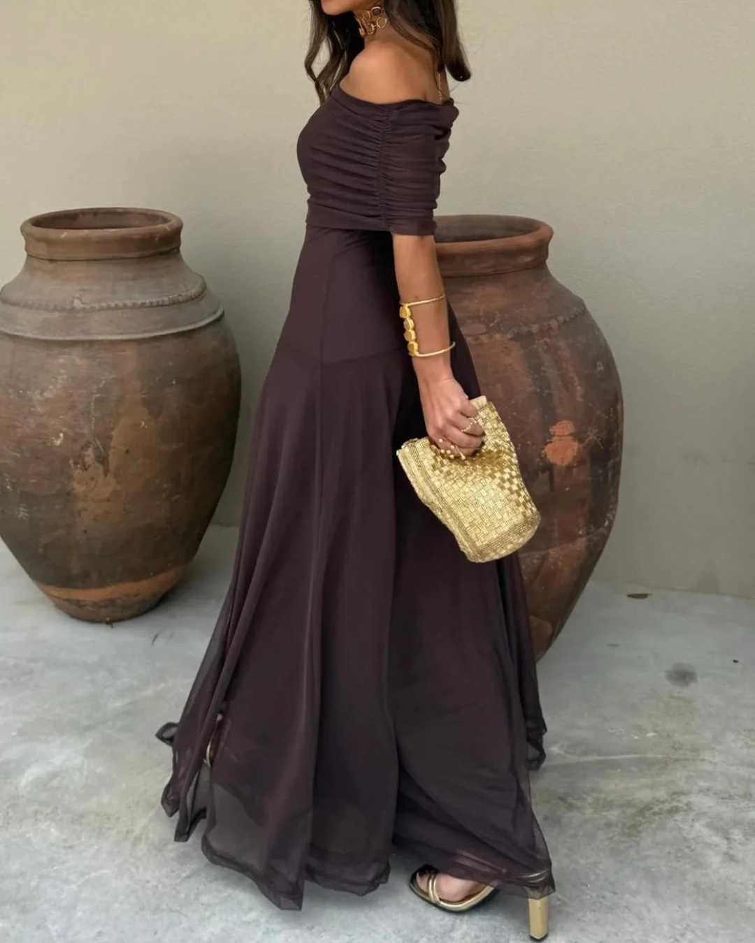 Vestido de Longitud en Malla con Diseño de Hombro Descubierto Para Mujer