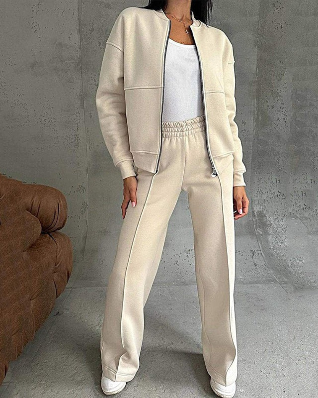 Conjunto de Chaqueta con Cremallera y Pantalón de Pierna Ancha para Mujer