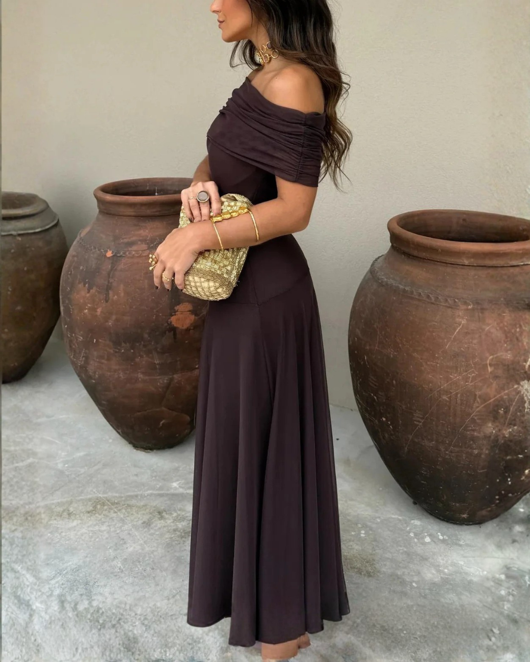 Vestido de Longitud en Malla con Diseño de Hombro Descubierto Para Mujer
