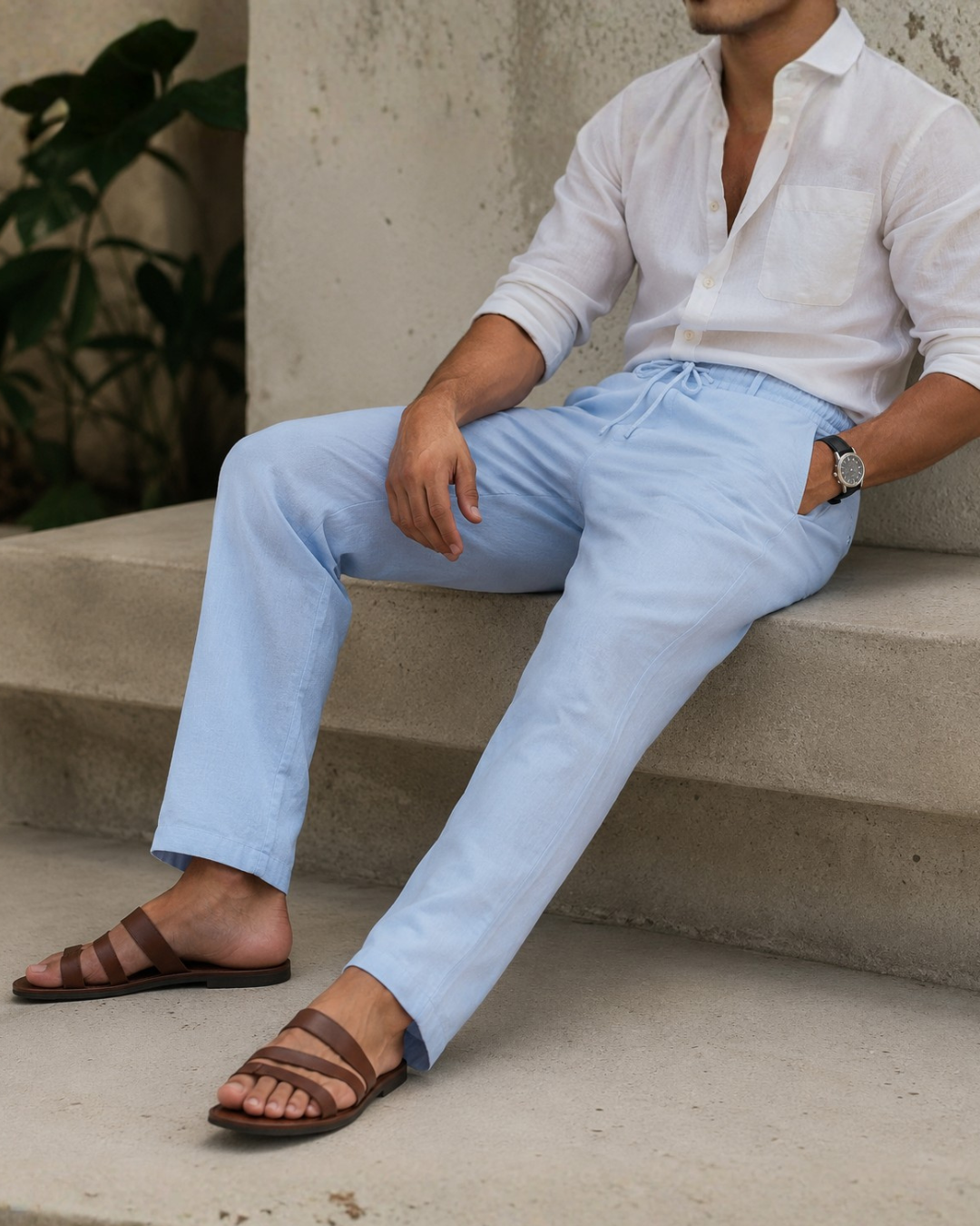 Pantalón de Lino con Cintura Ajustable