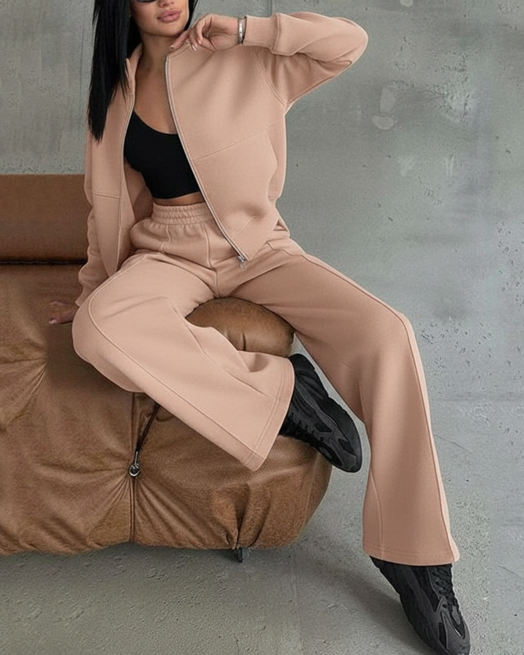 Conjunto de Chaqueta con Cremallera y Pantalón de Pierna Ancha para Mujer