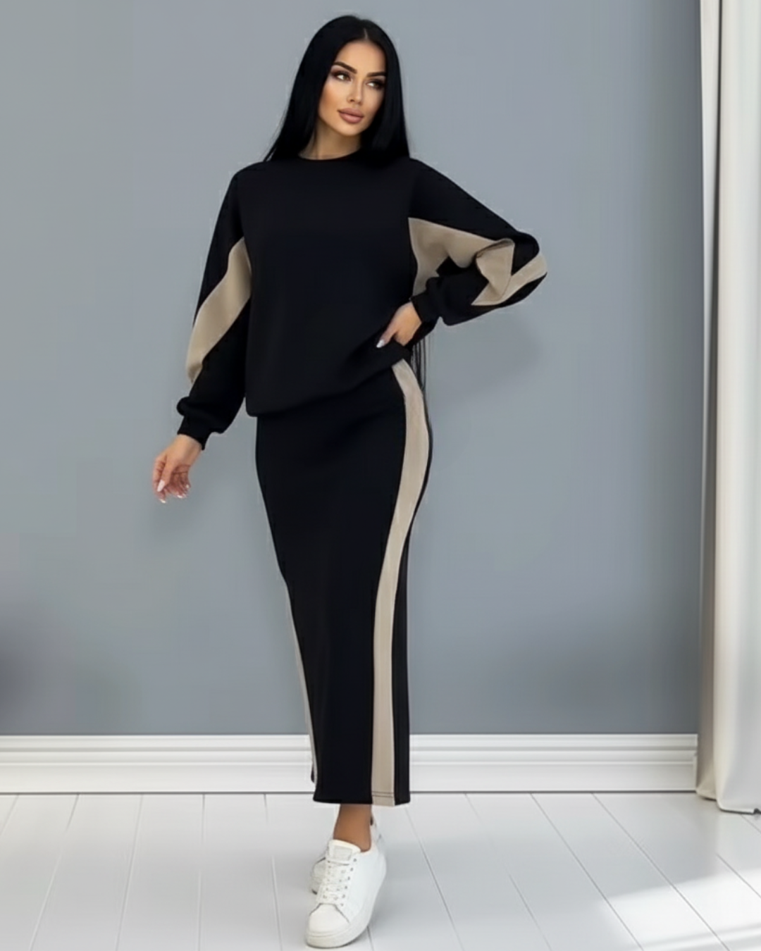 Conjunto holgado con top de manga larga y falda con abertura®