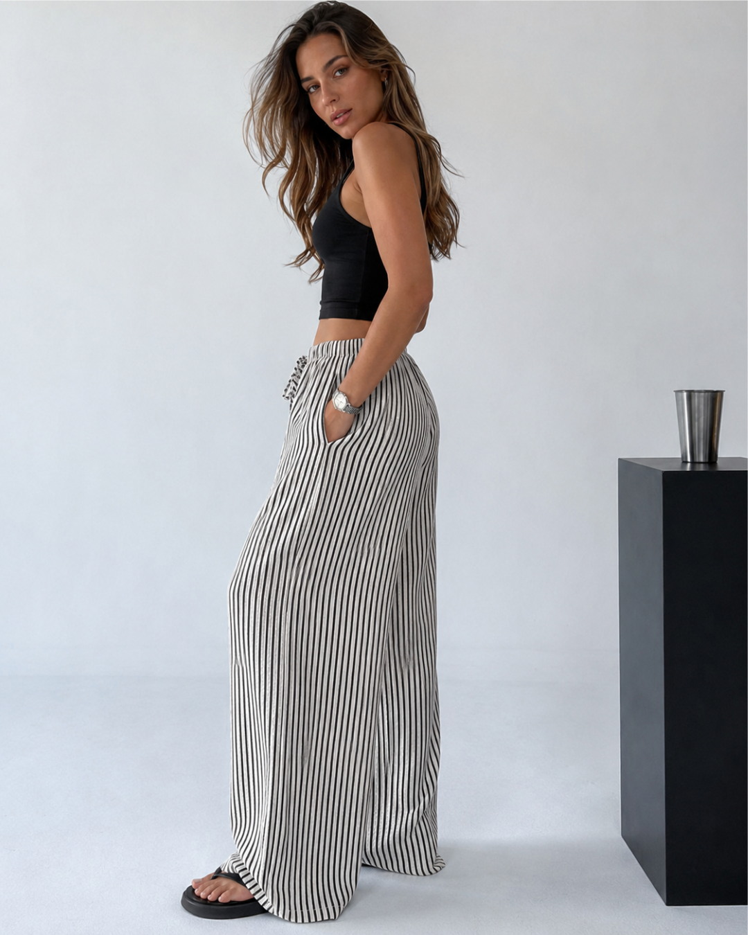 Pantalón Palazzo de Rayas con Cintura Ajustable