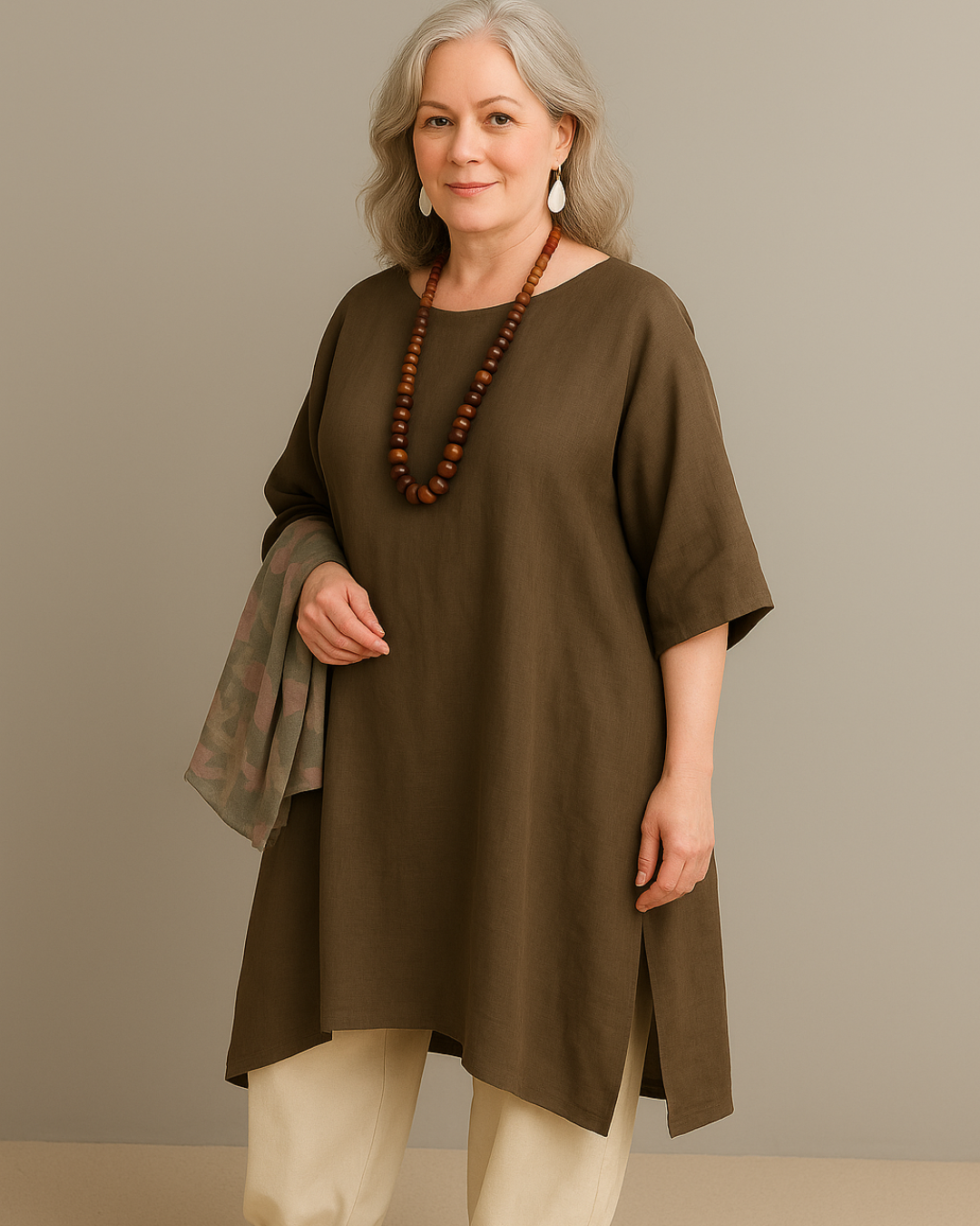 Camisa Suelta de Lino con Mangas 3/4 y Estilo Relajado