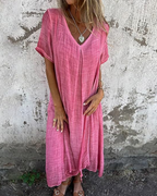 Vestido midi de algodón y lino con escote en V®