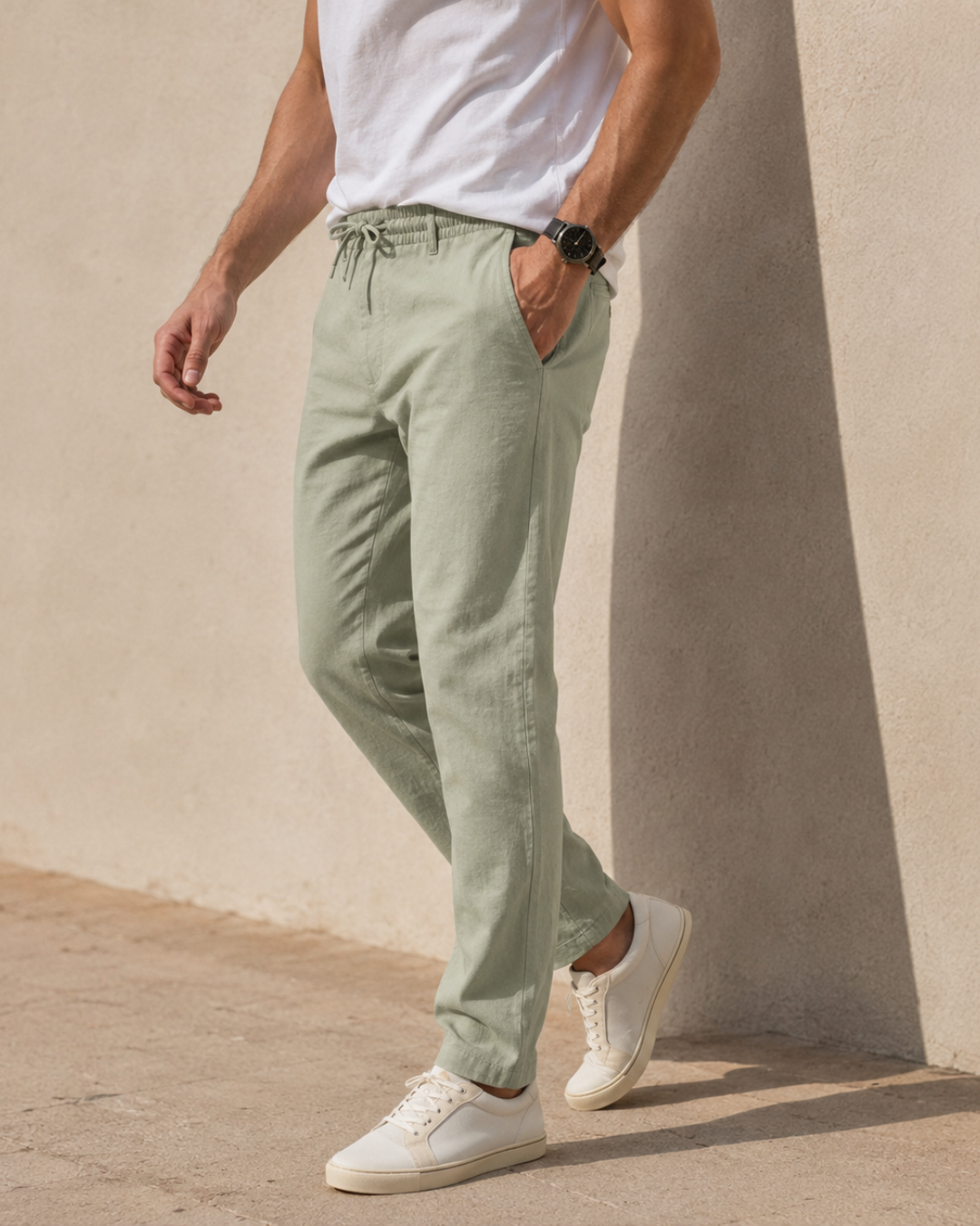 Pantalón de Lino con Cintura Ajustable