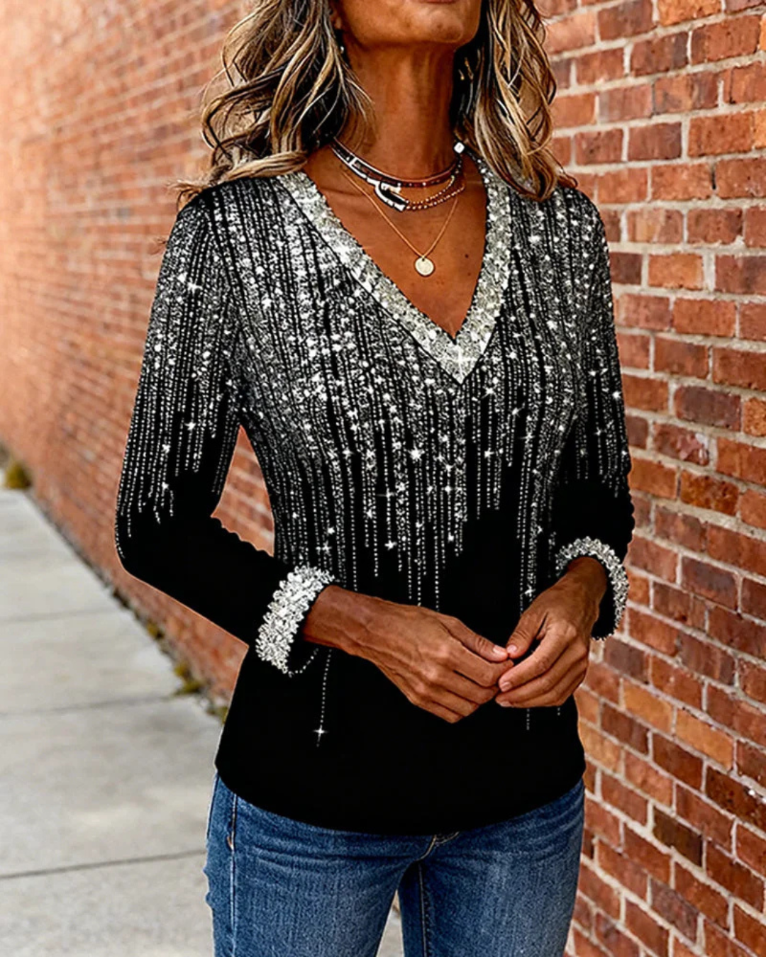 Blusa fluida con escote en V y detalles brillantes para mujer