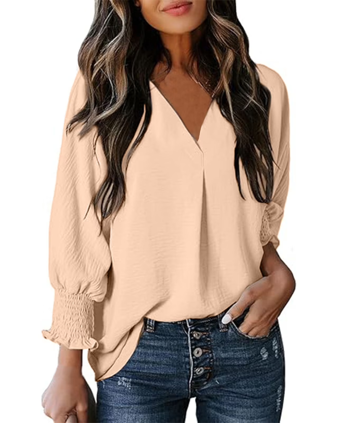 Blusa de Manga 3/4 con Cuello V y Botones para Mujer®