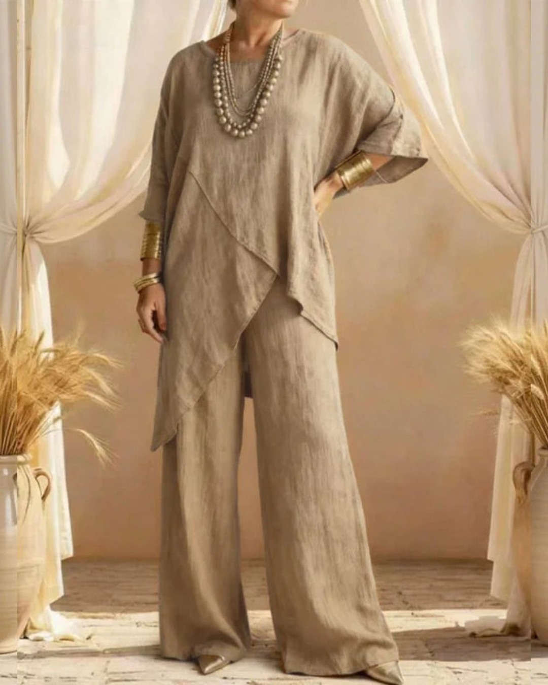 Conjunto con Top Asimétrico y Pantalón de Corte Holgado Para Mujer