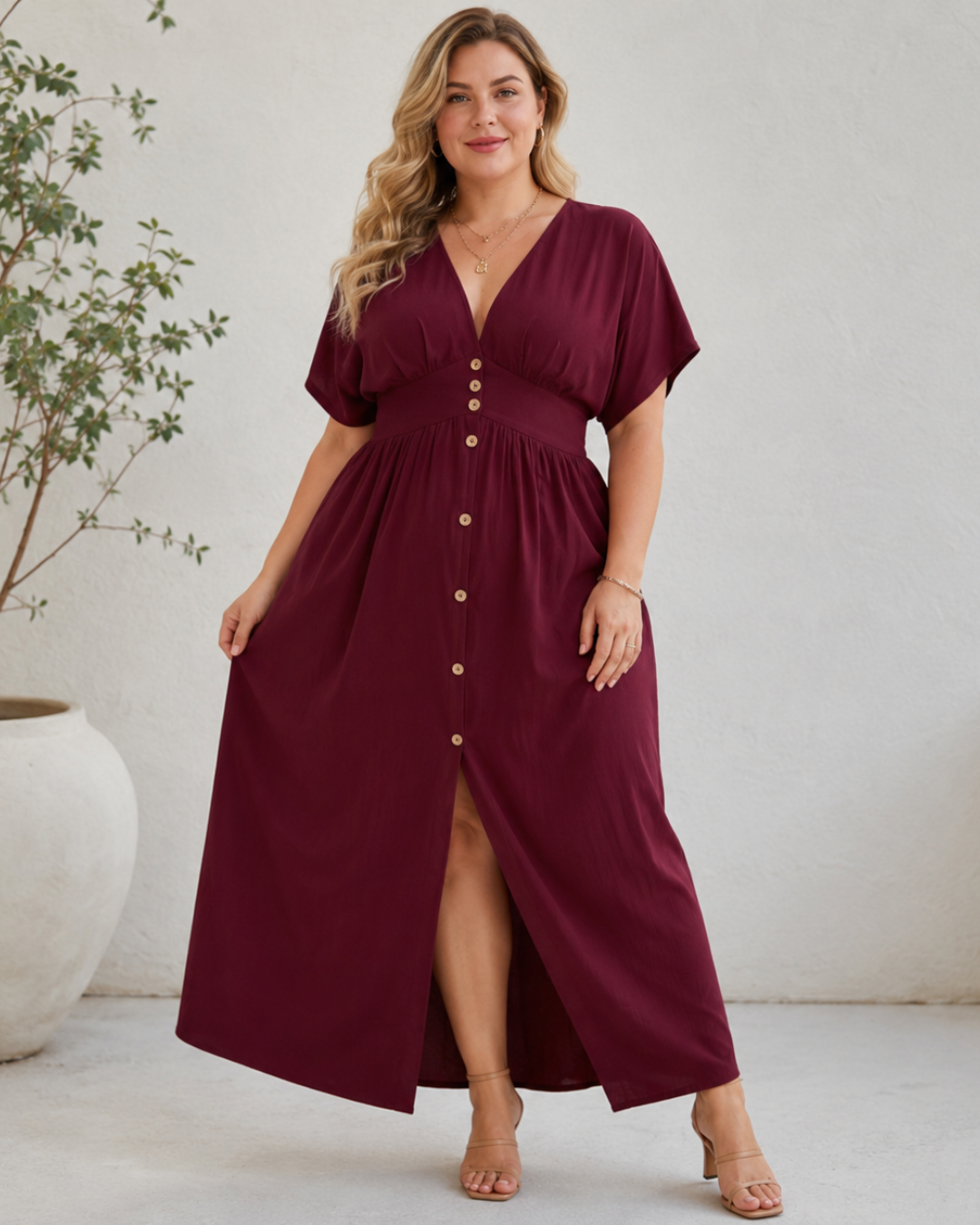 Vestido Largo con Botones y Escote en V