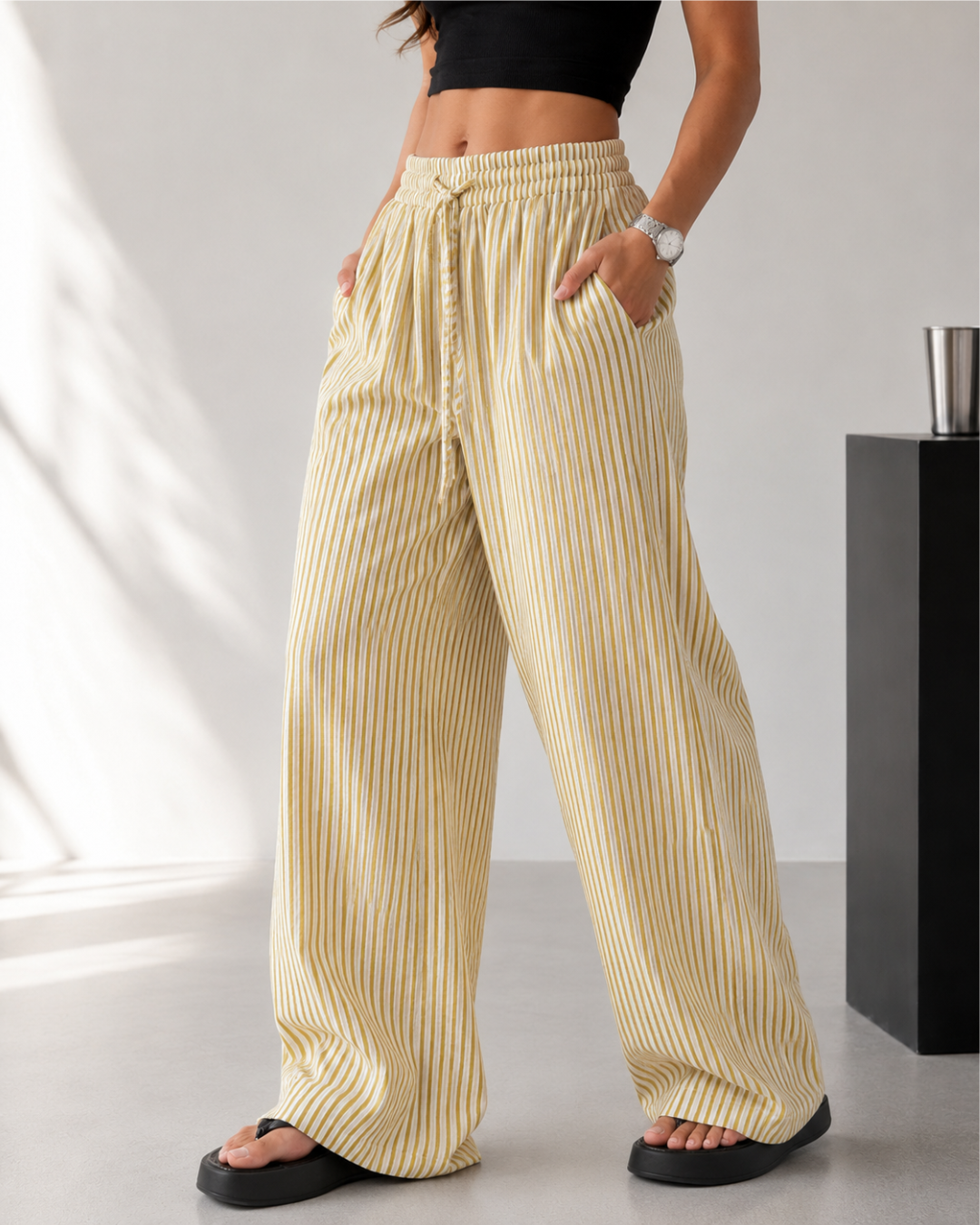 Pantalón Palazzo de Rayas con Cintura Ajustable