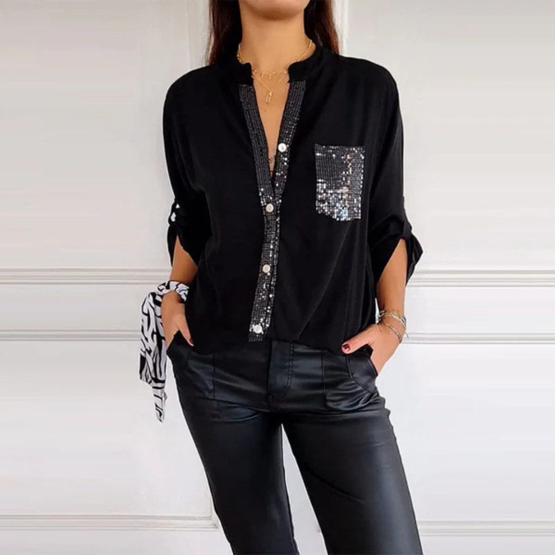 Camisa Casual de Manga Larga para Mujer con Bolsillo y Detalles de Lentejuelas®