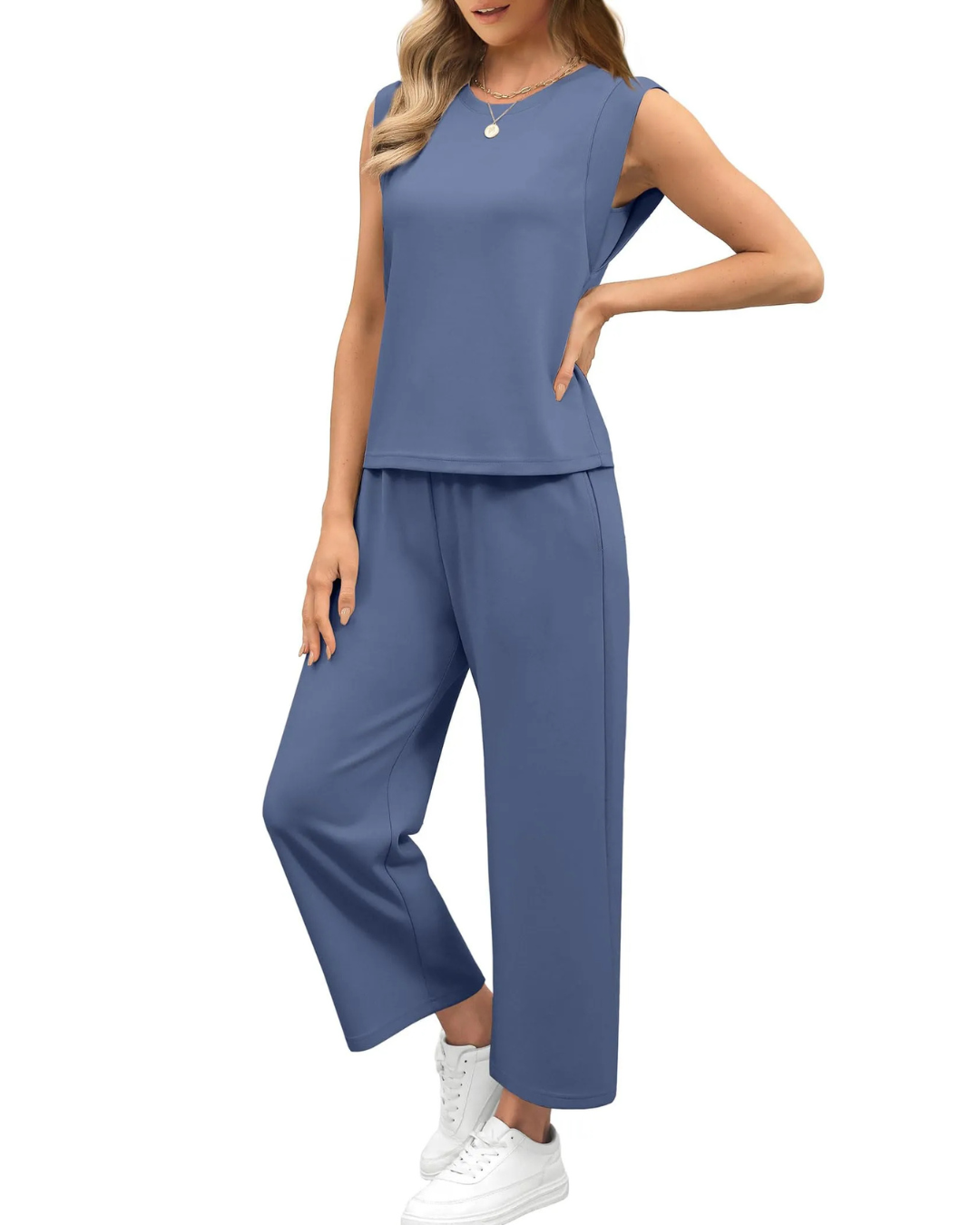 Conjunto de Dos Piezas de Top y Pantalón Corto Ancho con Mangas Cortas para Mujer
