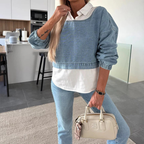 Conjunto de dos piezas de camisa manga larga y pantalón jeans para mujer