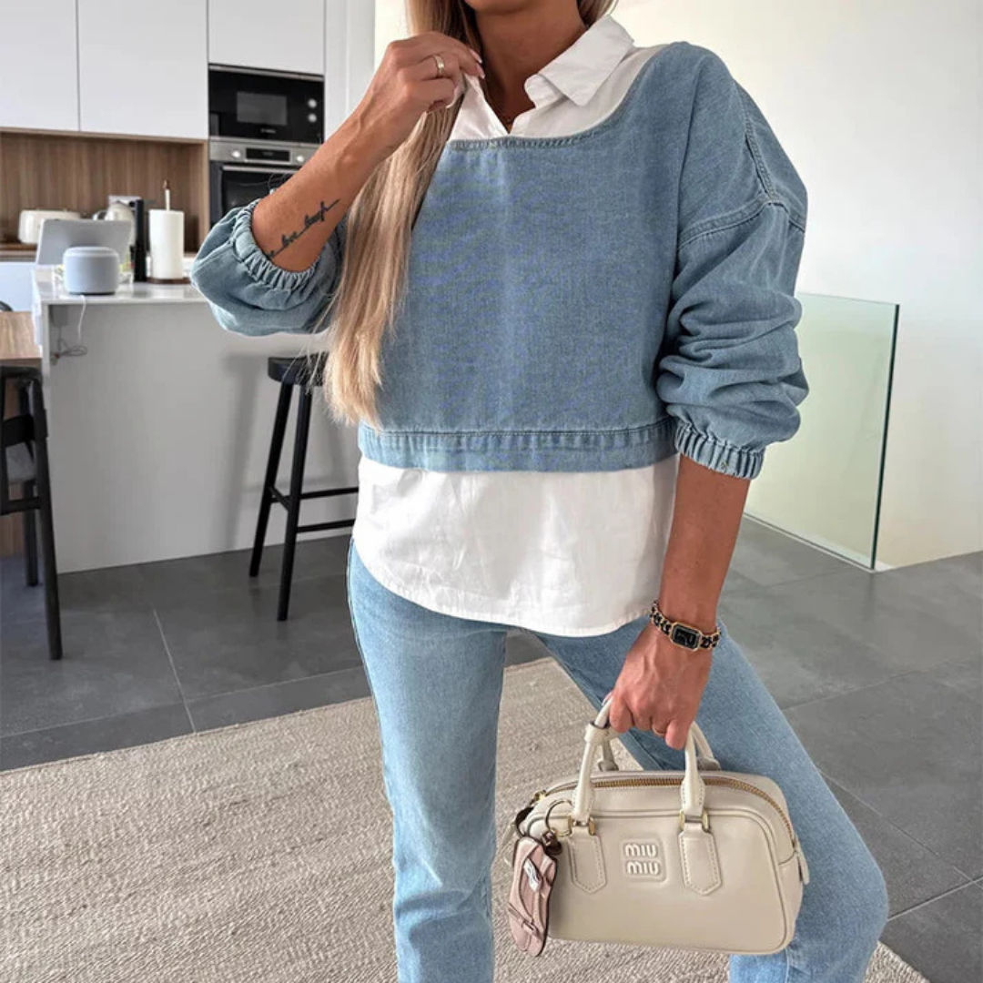 Conjunto de dos piezas de camisa manga larga y pantalón jeans para mujer