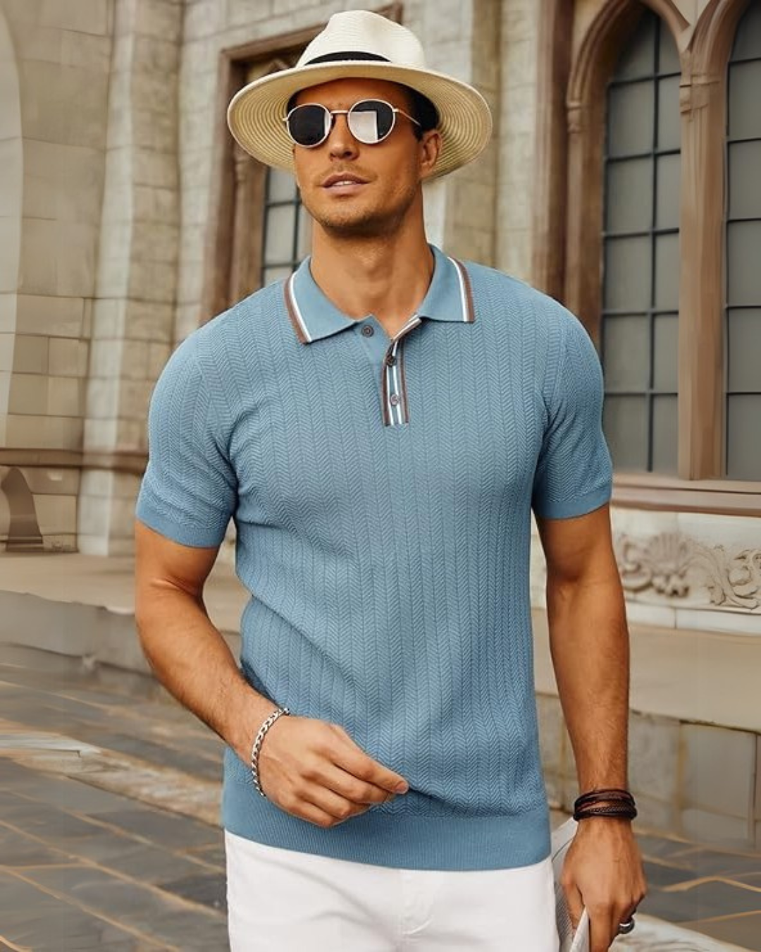 Polo manga corta con diseño tejido y cuello bicolor