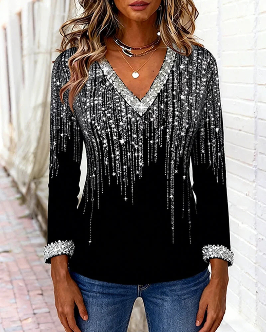 Blusa fluida con escote en V y detalles brillantes para mujer