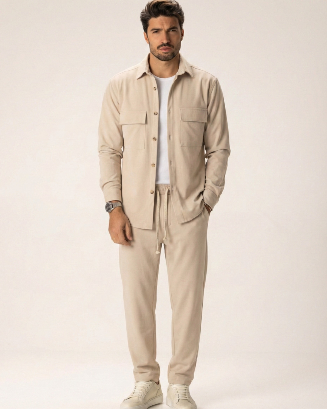 Conjunto Casual con Busto Abotonado y Pantalones de Tela