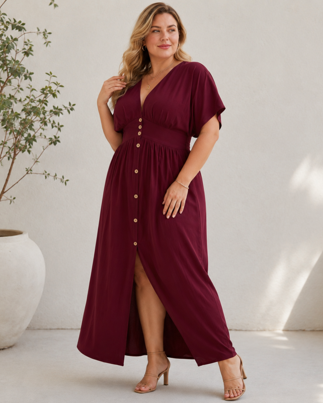 Vestido Largo con Botones y Escote en V