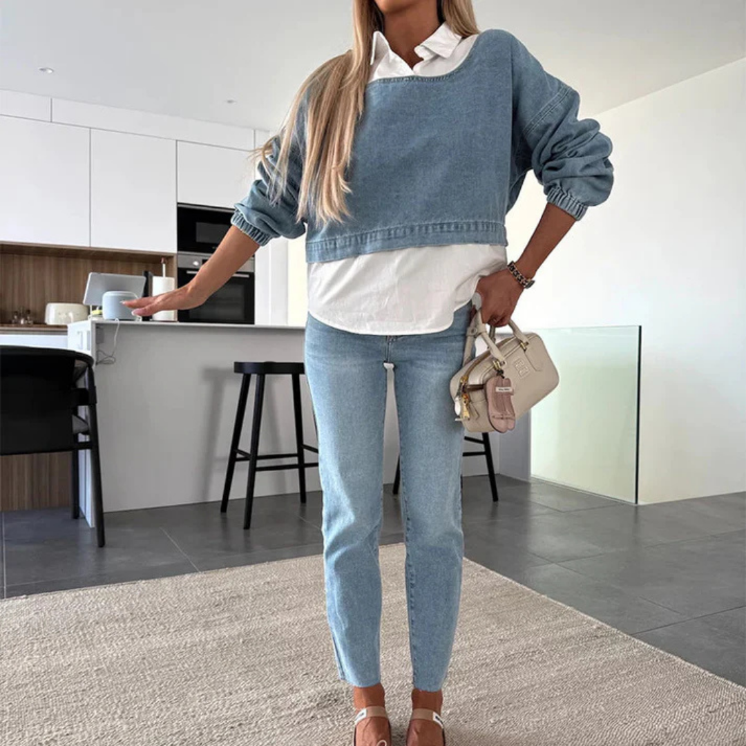 Conjunto de dos piezas de camisa manga larga y pantalón jeans para mujer