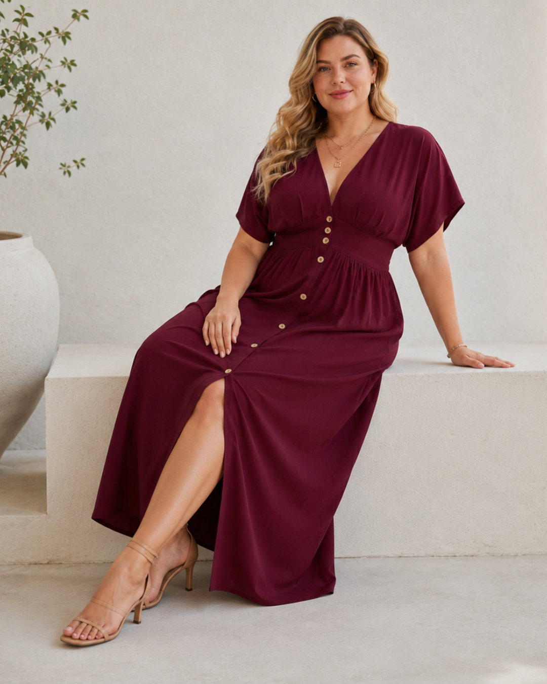 Vestido Largo con Botones y Escote en V