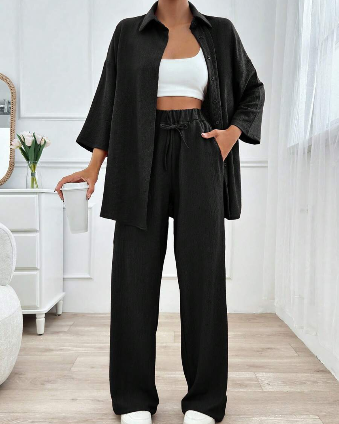 Conjunto de Camisa con Botones y Pantalón Ancho con Cintura Ajustada