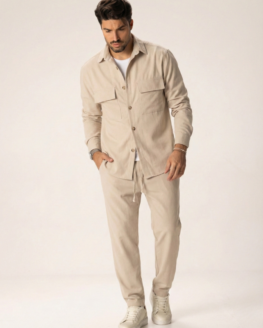 Conjunto Casual con Busto Abotonado y Pantalones de Tela