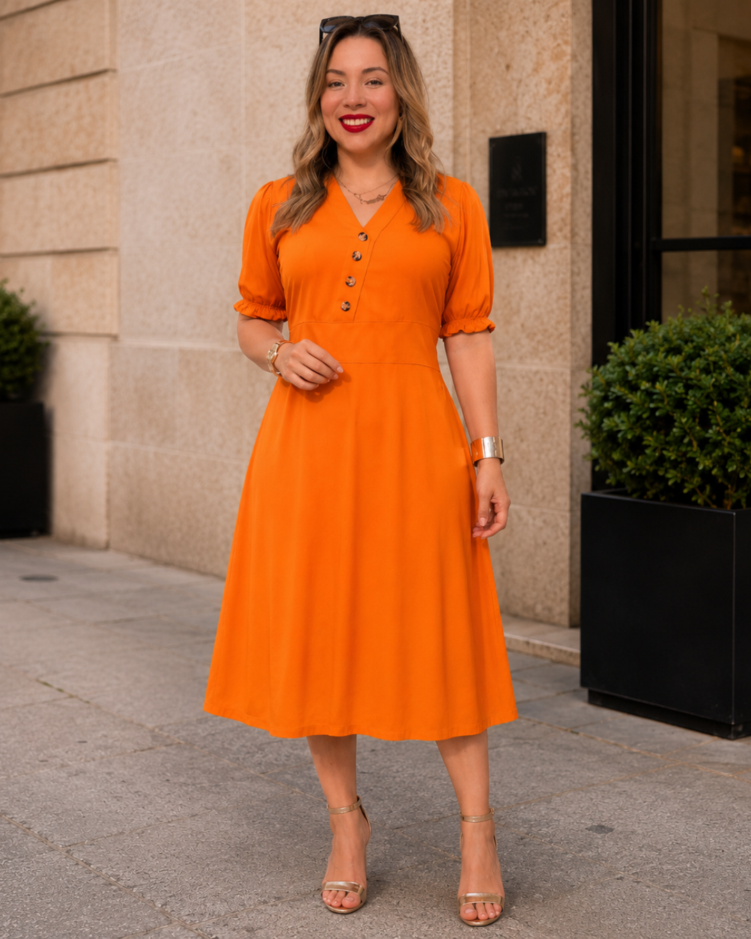 Vestido midi con botones y manga corta®