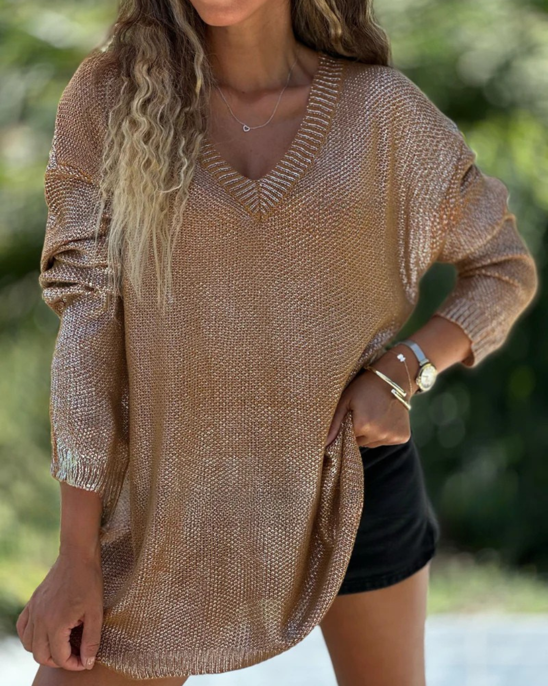 Jersey de Punto Brillante con Cuello en V para Mujer®
