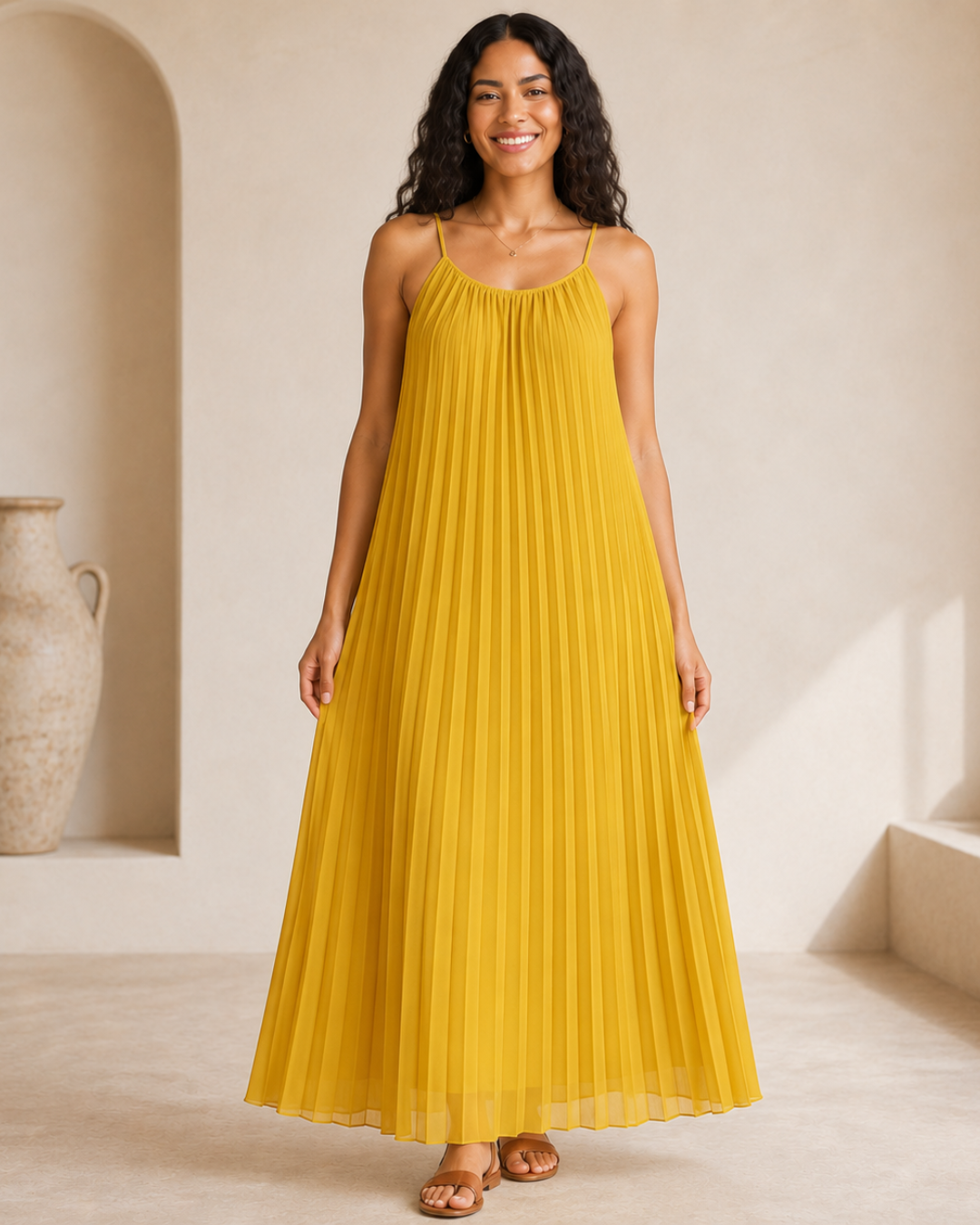 Vestido largo plisado con tirantes finos®