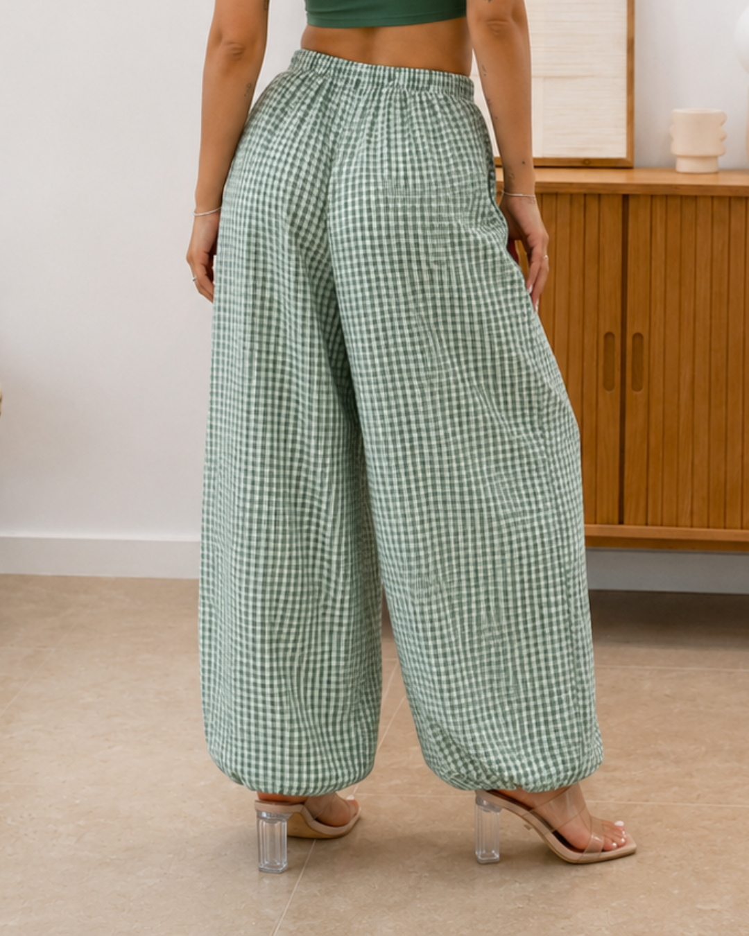 Pantalón Bombacho de Cuadros con Cintura Ajustable