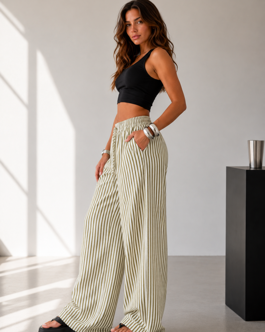 Pantalón Palazzo de Rayas con Cintura Ajustable