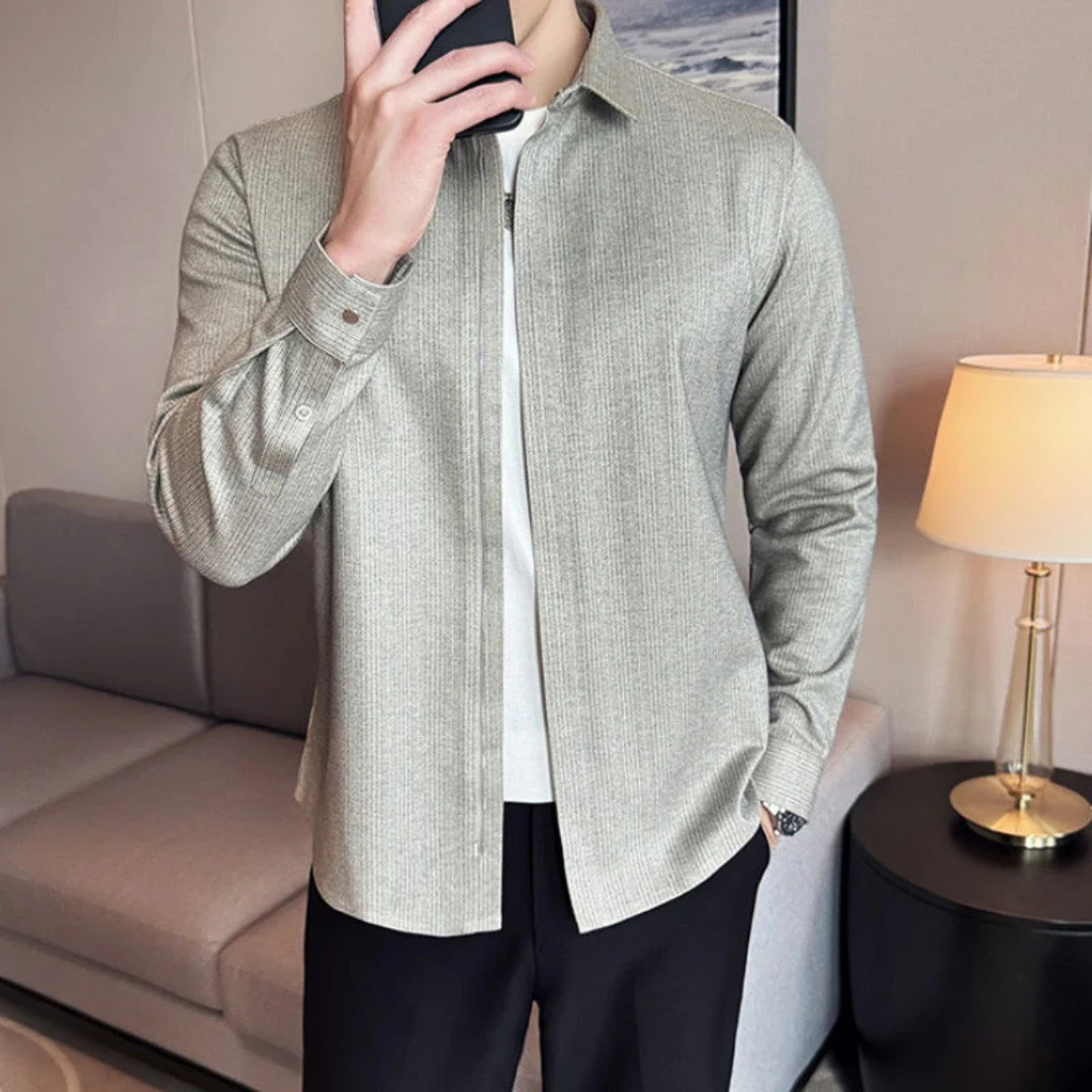 Camisa de Solapa de Color liso para Hombre con Cierre de Cremallera®