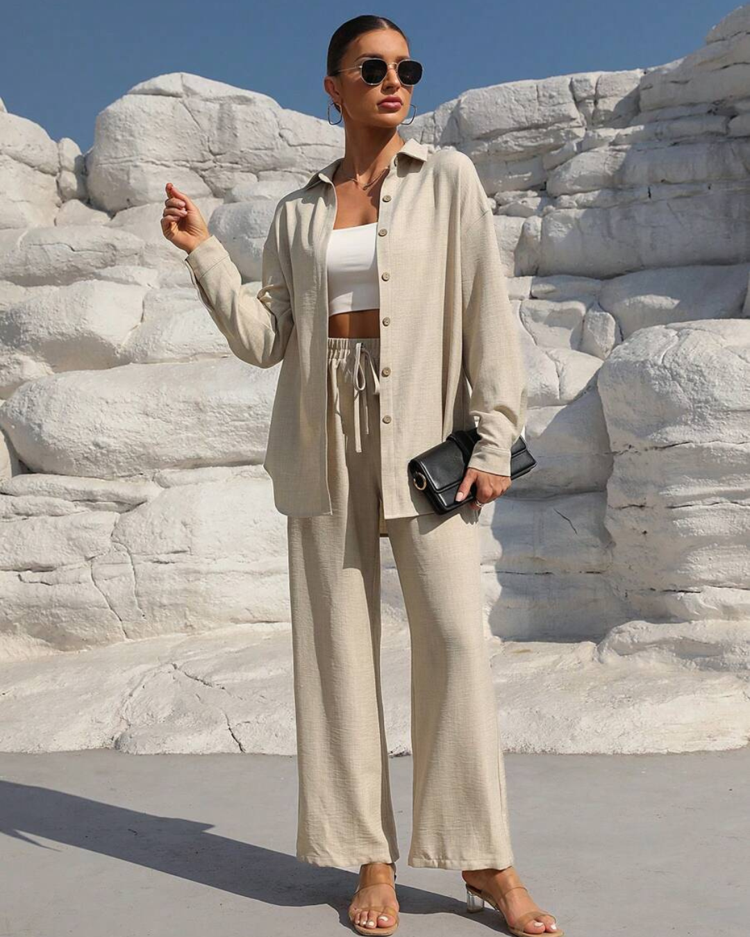 Conjunto de Camisa con Botones y Pantalón Ancho con Cintura Ajustada
